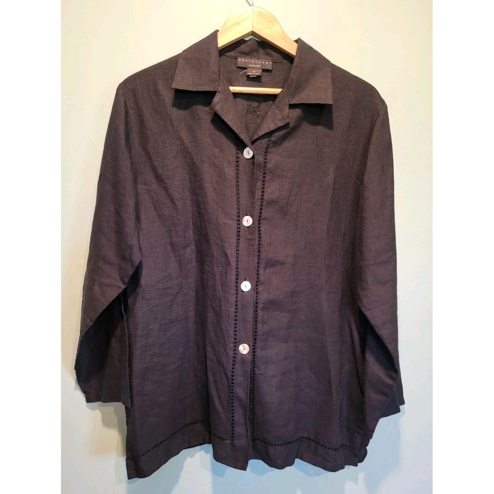 Vtg Black Linen Long Sleeve Button Up Oversized Tunic Top David Dart Sz M